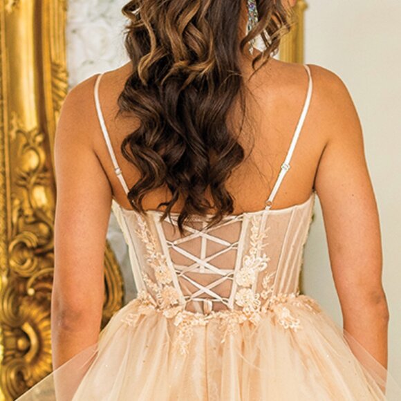 New Champagne Spaghetti Strapped Homecoming Tulle Dress w/ Lace Up Back DQ 3416 - Picture 7 of 8